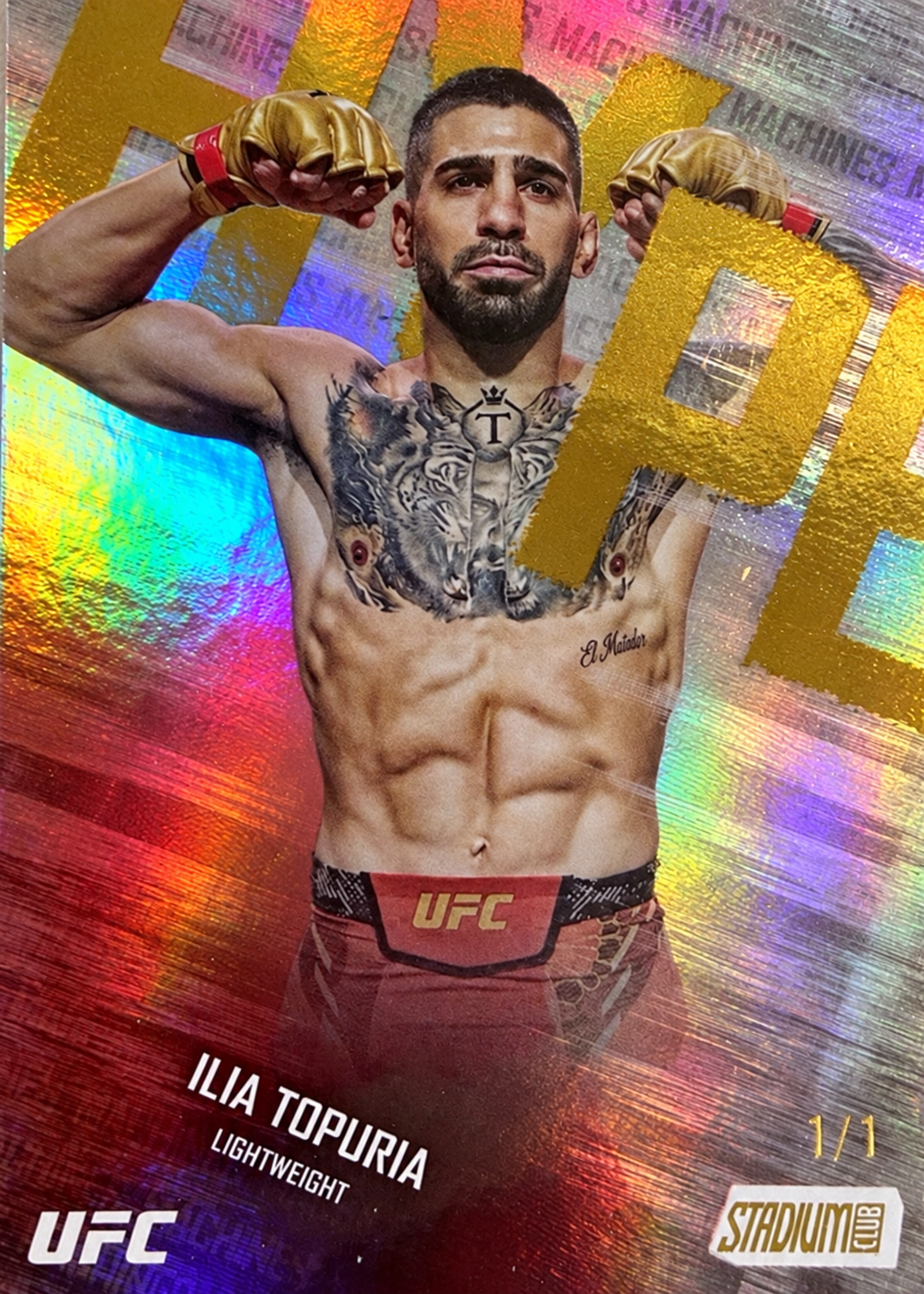 Recreación con IA de 2025 Topps Stadium Club UFC Gold Rainbow Ilia Topuria #HM-1 /1
