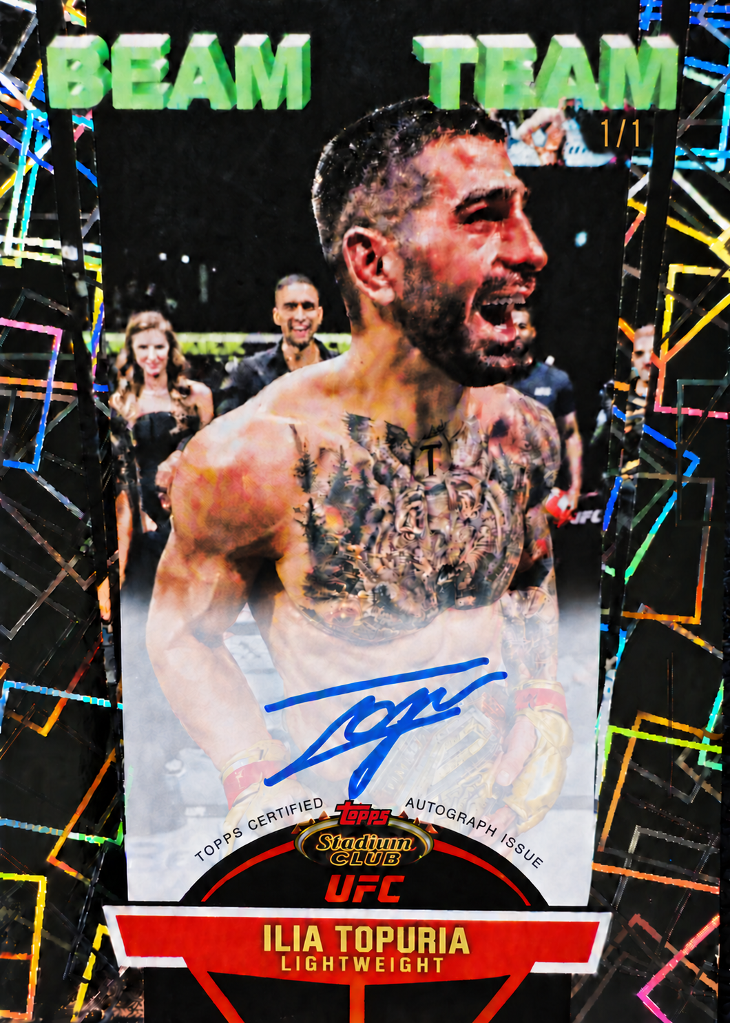 Recreación con IA de 2025 Topps Stadium Club UFC Gold Rainbow Ilia Topuria #BTA-IT /1