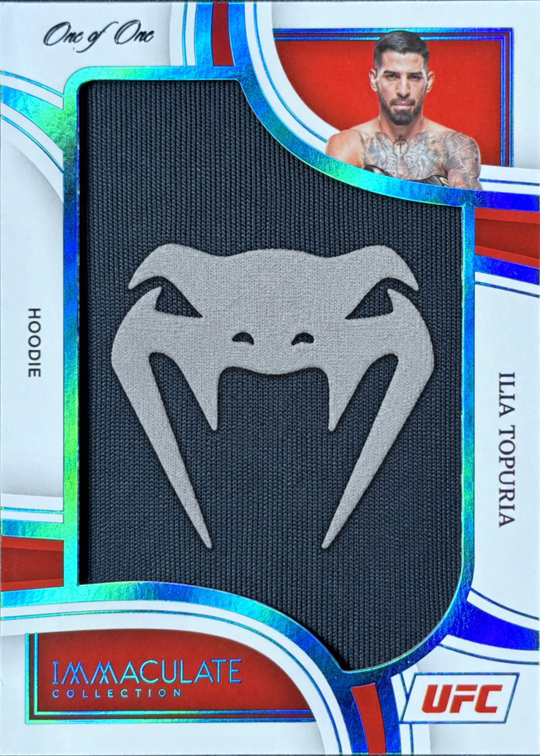 Recreación con IA de 2023 Panini Immaculate UFC Hoodie Prime Ilia Topuria #JM-ITP /1